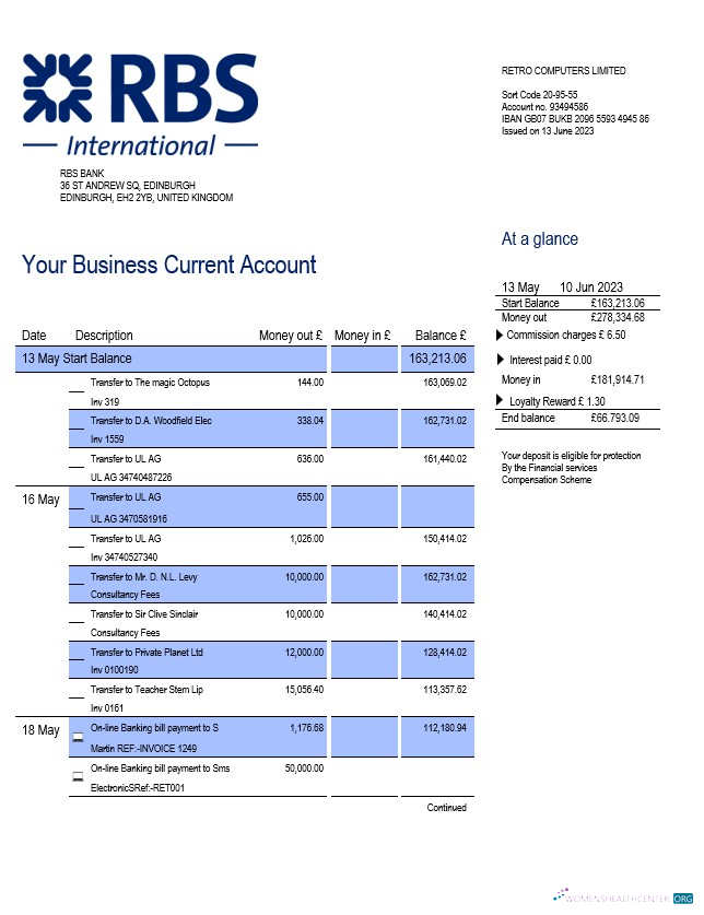 Download RBS Bank business checking account statement Word and PDF template Photoshop template